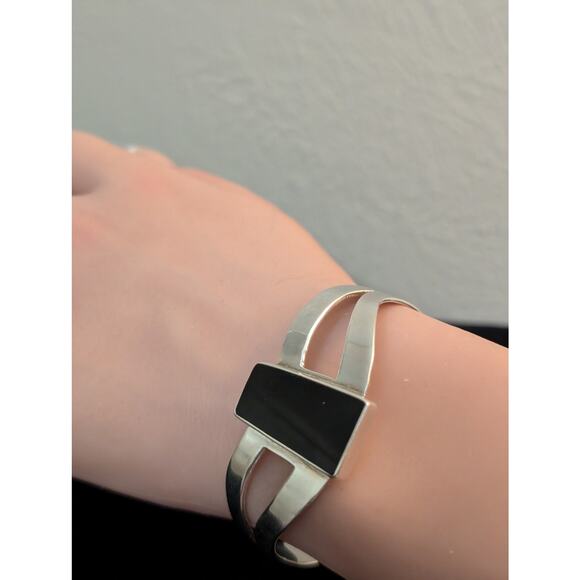 Taxco Mexico 925 Sterling Silver Black Onyx Modernist Split Band Cuff Bracelet - Picture 1 of 9